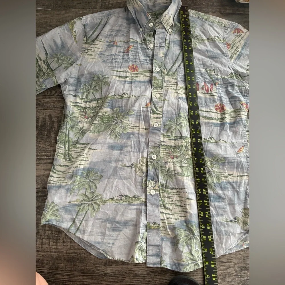 J Crew Shirt Men Medium Chambray Hawaiian Palm Tree Shirt Beach Lightweight